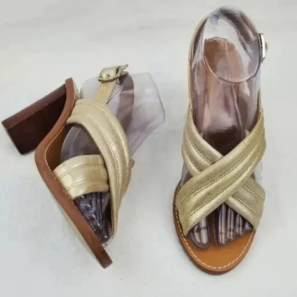 J.Crew Gold leather chunky heel sandals size 7
